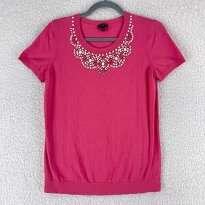 Talbots Pink‎ Knit Beaded Shirt Womens Pullover Short Sleeve Embellished Size PL